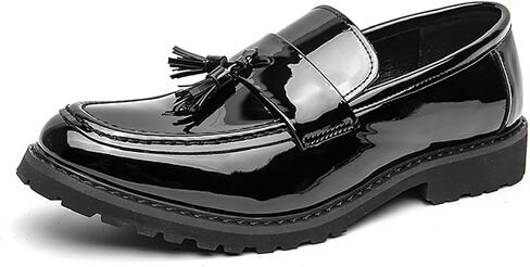 Men's Patent Leather Tassel Platform Loafers Business Casual Non-Slip Lug Sole Comfortable Block Heel Slip-On Dress Shoes for Work Office Wedding Penny Loafers in Saudi Arabia