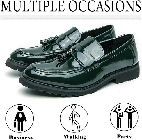 Men's Patent Leather Tassel Platform Loafers Business Casual Non-Slip Lug Sole Comfortable Block Heel Slip-On Dress Shoes for Work Office Wedding Penny Loafers in Saudi Arabia
