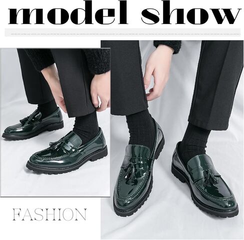Men's Patent Leather Tassel Platform Loafers Business Casual Non-Slip Lug Sole Comfortable Block Heel Slip-On Dress Shoes for Work Office Wedding Penny Loafers in Saudi Arabia