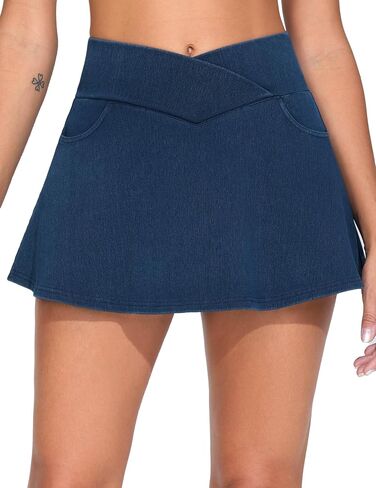 THE GYM PEOPLE Women's Cross Waist Jean Skorts Stretchy Ruffle Denim Skirts with 2 in 1 Shorts Pockets in Kuwait
