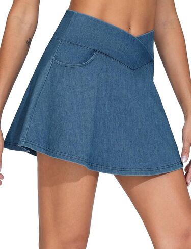 THE GYM PEOPLE Women's Cross Waist Jean Skorts Stretchy Ruffle Denim Skirts with 2 in 1 Shorts Pockets in Kuwait