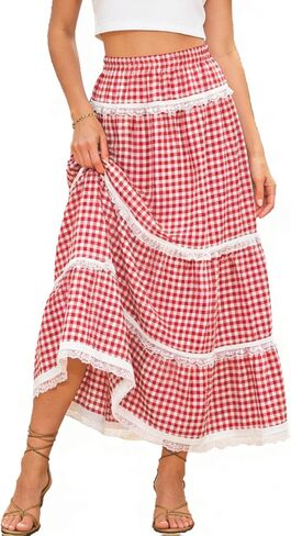 Women's Plaid Gingham Boho Maxi Long Skirt Flowy Tiered A Line Lace Trim High Elastic Waist Skirts Summer Vacation in Kuwait