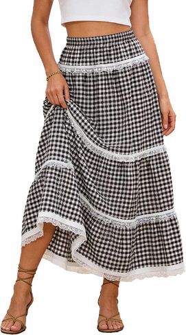 Women's Plaid Gingham Boho Maxi Long Skirt Flowy Tiered A Line Lace Trim High Elastic Waist Skirts Summer Vacation in Kuwait