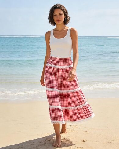 Women's Plaid Gingham Boho Maxi Long Skirt Flowy Tiered A Line Lace Trim High Elastic Waist Skirts Summer Vacation in Kuwait
