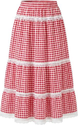 Women's Plaid Gingham Boho Maxi Long Skirt Flowy Tiered A Line Lace Trim High Elastic Waist Skirts Summer Vacation in Kuwait