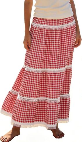 Women's Plaid Gingham Boho Maxi Long Skirt Flowy Tiered A Line Lace Trim High Elastic Waist Skirts Summer Vacation in Kuwait