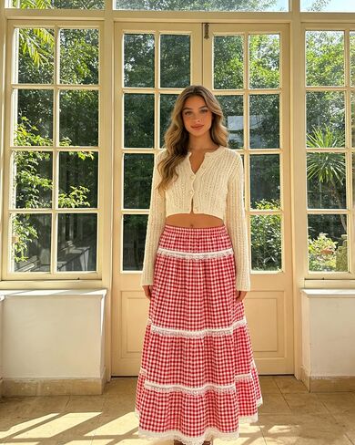 Women's Plaid Gingham Boho Maxi Long Skirt Flowy Tiered A Line Lace Trim High Elastic Waist Skirts Summer Vacation in Kuwait