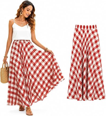 Boho Skirts for Women, Gingham Plaid Maxi Skirt, Flowy A-Line Elastic Waist Summer Beach Skirt in Kuwait