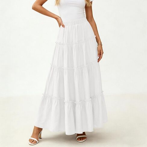 Skirts for Women Long High Waisted A-Line Skirt Flowy Ruffle Tiered Pleated Swing Maxi Skirt 2026 Summer Cotton Clothes in Kuwait