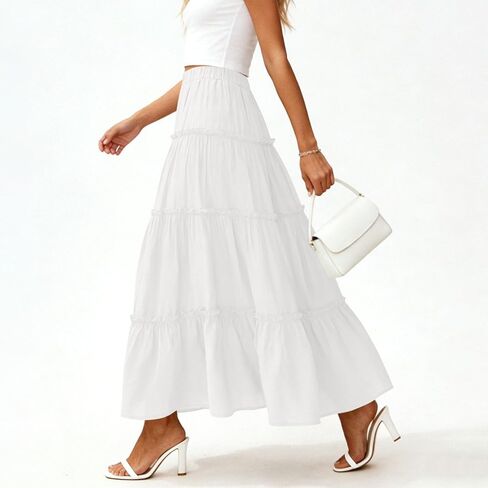 Skirts for Women Long High Waisted A-Line Skirt Flowy Ruffle Tiered Pleated Swing Maxi Skirt 2026 Summer Cotton Clothes in Kuwait