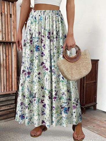 Women's Watercolor Floral Print Maxi Skirt High Waist Elastic Waistband Flowy A-Line Long Skirt in Kuwait