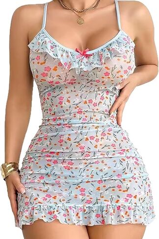 Women's See-Through Floral Babydoll Chemise Mesh Ruffe Lingerie and Thong Set in Saudi Arabia