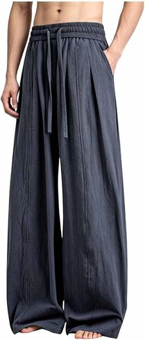 Wide Leg Pleated Linen Pants Men Lightweight Drawstring Elastic Waist Trouser Casual Baggy Beach Yoga Palazzo Pants in Kuwait
