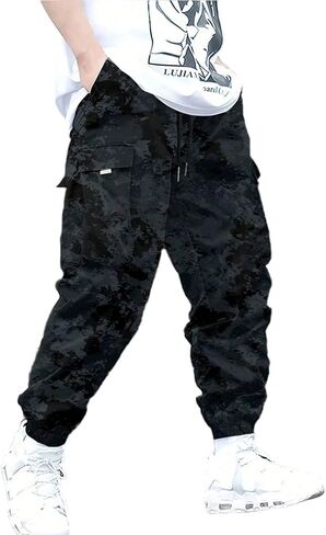 Men's Big & Tall Cargo Pants with Drawstring Elastic Waistband & Multiple Pockets for Young Men in Kuwait