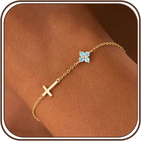 Birthstone Gold Bracelets for Women Non Tarnish Trendy Clover Cross Bracelet Dainty 14K Gold Plated Blue Green Emerald Bracelets Jewelry Gifts for Christian Confirmation Baptism Religious in Saudi Arabia