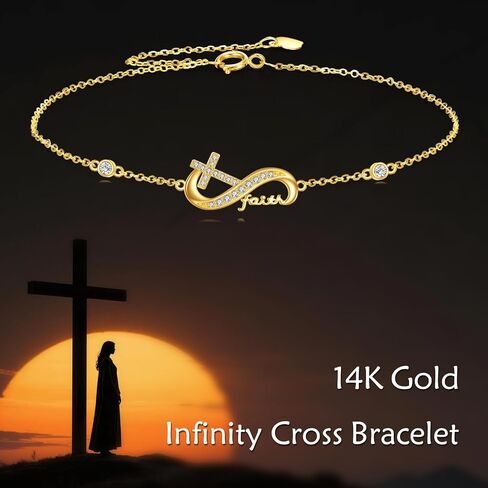ELFRONT 14k الذهب الأصفر الإيمان الصليب سوار إنفينيتي الصليب أساور الذهب الحقيقي مجوهرات المسيحية للنساء الإناث الذهب الحقيقي هدية الدينية in Kuwait