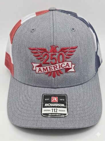 Richardson 112 Trucker Hat, America 250th Anniversary Embroidered Cap, Adjustable, Patriotic Red White and Blue Mesh in Kuwait