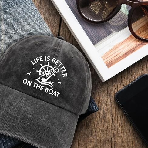 Funny Boating Printed Hat - Life is Better on The Boat - Adjustable Washed Cotton Sun Baseball Cap - Boat Captain Gifts - Birthday Gifts for Men Dad Sailor Crew White in Saudi Arabia