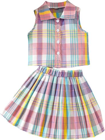 WDIRARA Girl's Plaid 2 Piece Skirt Outfits Button Down Sleeveless Shirt Pleated Skirt Set Preppy Outfits in Kuwait