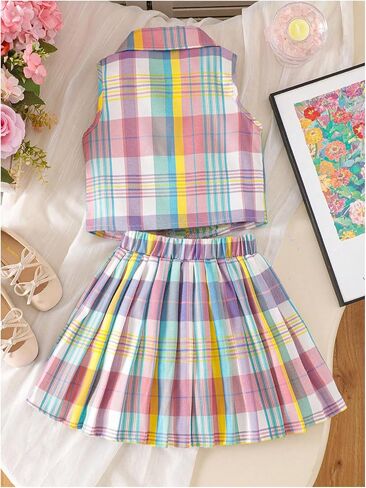 WDIRARA Girl's Plaid 2 Piece Skirt Outfits Button Down Sleeveless Shirt Pleated Skirt Set Preppy Outfits in Kuwait
