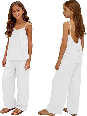 Cotton Linen Set for Girls 2 Piece Outfits Backless Spaghetti Strap Tank Tops Matching Wide Leg Pants Kids Summer Lounge Sets in Kuwait