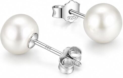 White Gold Plated Solid Sterling Silver White Button Pearl Earrings, 5A+ Grade Handpicked Freshwater Pearl Stud Earrings for Women, 3-11mm, Gift for Women in Kuwait