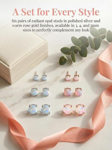6 Pairs Stud Earrings Set, 3-5mm Opal stud Earrings for Women 316L Stainless Steel Earring Hypoallergenic Small Earring Silver & Rose Gold Nickel Free in Saudi Arabia