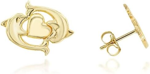 Womens Yellow Gold Dolphin Heart Stud Earrings 0.35" in Kuwait