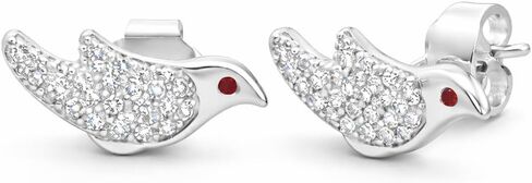 Sterling Silver Robin Stud Earrings with Red & Clear Cubic Zirconia, 925 Sterling Silver, Rhodium Plated, Hypoallergenic, Butterfly Back - Bright Stone Jewelers in Kuwait