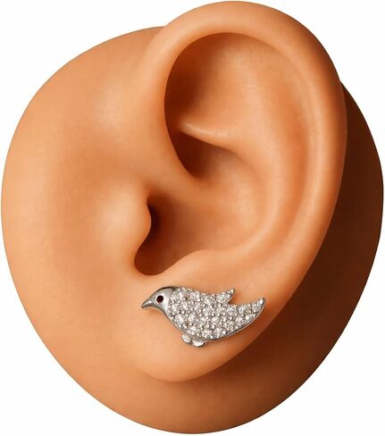 Sterling Silver Robin Stud Earrings with Red & Clear Cubic Zirconia, 925 Sterling Silver, Rhodium Plated, Hypoallergenic, Butterfly Back - Bright Stone Jewelers in Kuwait