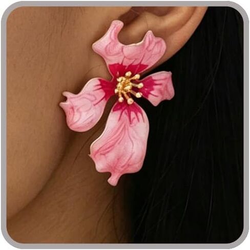 Pink Flower Stud Earrings for Women Dainty Gold Plated Irregular Petal Earring Hypoallergenic Enamel Floral Earrings Trendy Statement Jewelry Gift in Saudi Arabia