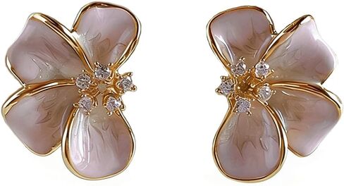 Pink Flower Stud Earrings for Women Dainty Gold Plated Irregular Petal Earring Hypoallergenic Enamel Floral Earrings Trendy Statement Jewelry Gift in Saudi Arabia