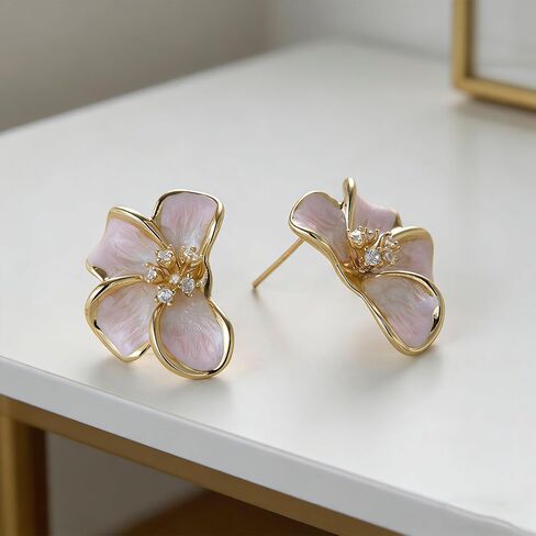 Pink Flower Stud Earrings for Women Dainty Gold Plated Irregular Petal Earring Hypoallergenic Enamel Floral Earrings Trendy Statement Jewelry Gift in Saudi Arabia
