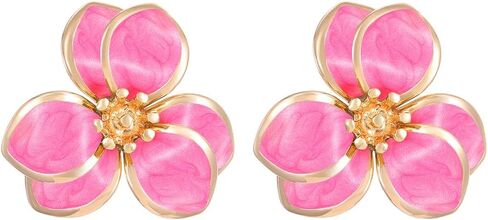 Pink Flower Stud Earrings for Women Dainty Gold Plated Irregular Petal Earring Hypoallergenic Enamel Floral Earrings Trendy Statement Jewelry Gift in Saudi Arabia