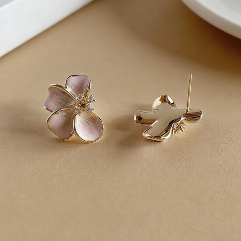 Pink Flower Stud Earrings for Women Dainty Gold Plated Irregular Petal Earring Hypoallergenic Enamel Floral Earrings Trendy Statement Jewelry Gift in Saudi Arabia