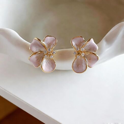Pink Flower Stud Earrings for Women Dainty Gold Plated Irregular Petal Earring Hypoallergenic Enamel Floral Earrings Trendy Statement Jewelry Gift in Saudi Arabia
