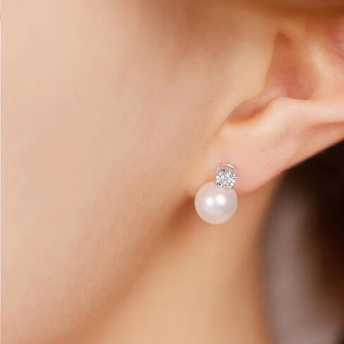 18K Gold Earrings for Women Pearl Stud Earring White Gold Diamond Studs Round Hypoallergenic Freshwater Jewelry Lightweight Trendy Classic 18kt Solid Gold Gifts Birthday Anniversary in Saudi Arabia