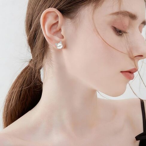 Cat Earrings Sterling Silver Studs Cats Earrings Kitten Jewelry Gifts for Women Pet Lovers, White Pearl Cat Head Earring in Saudi Arabia