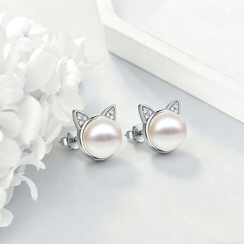 Cat Earrings Sterling Silver Studs Cats Earrings Kitten Jewelry Gifts for Women Pet Lovers, White Pearl Cat Head Earring in Saudi Arabia