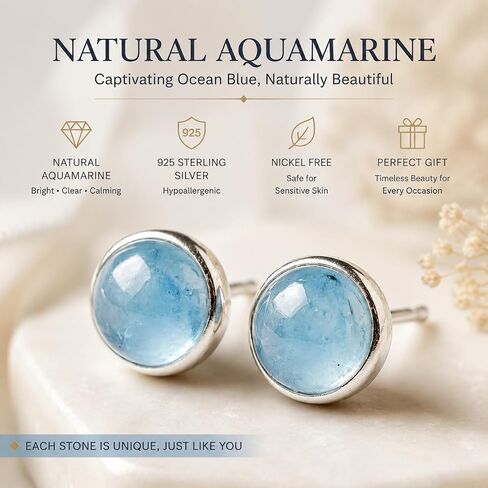 ANNIE WU Natural Aquamarine Stud Earrings for Women, 925 Sterling Silver Hypoallergenic Blue Gemstone Earrings, Dainty Round Aquamarine Post Earrings, Minimalist Everyday Jewelry, March Birthstone Gift for Mom Wife Daughter Girlfriend in Saudi Arabia