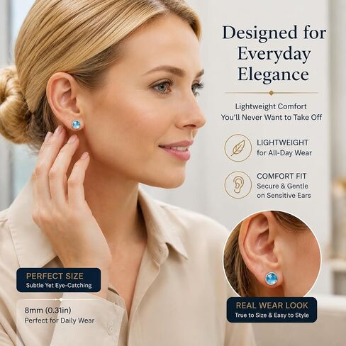 ANNIE WU Natural Aquamarine Stud Earrings for Women, 925 Sterling Silver Hypoallergenic Blue Gemstone Earrings, Dainty Round Aquamarine Post Earrings, Minimalist Everyday Jewelry, March Birthstone Gift for Mom Wife Daughter Girlfriend in Saudi Arabia
