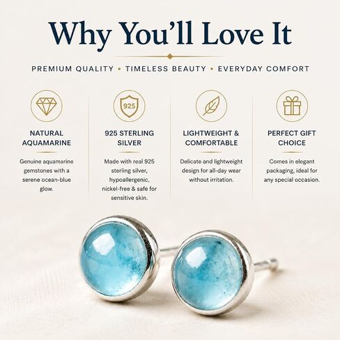 ANNIE WU Natural Aquamarine Stud Earrings for Women, 925 Sterling Silver Hypoallergenic Blue Gemstone Earrings, Dainty Round Aquamarine Post Earrings, Minimalist Everyday Jewelry, March Birthstone Gift for Mom Wife Daughter Girlfriend in Saudi Arabia