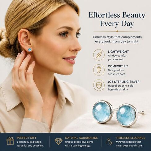 ANNIE WU Natural Aquamarine Stud Earrings for Women, 925 Sterling Silver Hypoallergenic Blue Gemstone Earrings, Dainty Round Aquamarine Post Earrings, Minimalist Everyday Jewelry, March Birthstone Gift for Mom Wife Daughter Girlfriend in Saudi Arabia