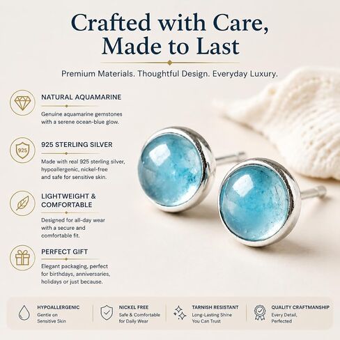 ANNIE WU Natural Aquamarine Stud Earrings for Women, 925 Sterling Silver Hypoallergenic Blue Gemstone Earrings, Dainty Round Aquamarine Post Earrings, Minimalist Everyday Jewelry, March Birthstone Gift for Mom Wife Daughter Girlfriend in Saudi Arabia