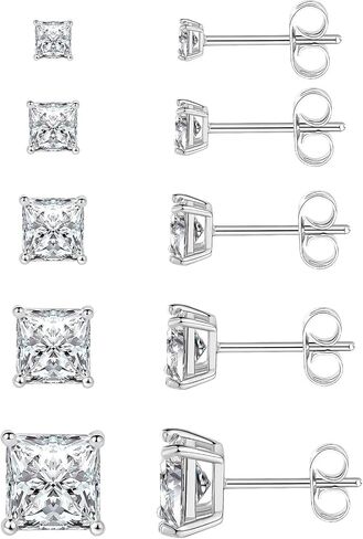 5/6 Pairs Square Clear Cubic Zirconia Stud Earring, 14k Gold Plated Earrings Studs for Women, Stainless Steel Hypoallergenic Small Stud Earrings, Silver Stud Earrings in Saudi Arabia