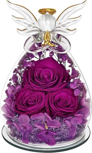 Preserved Rose Forever Flower in Glass Angel Figurines Fresh Flowers for Delivery Mothers Day Birthday Gifts for Mom Real Red Roses for Sister Wife (Purple) in Saudi Arabia