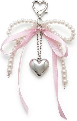 YOJO Coquette Bow Bag Charm للنساء، سلسلة مفاتيح لطيفة بشريط من اللؤلؤ والساتان Y2K، ملحق لحقيبة اليد ومفاتيح السيارة والهاتف in Kuwait