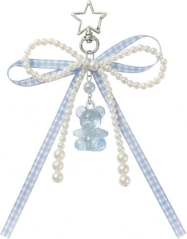 YOJO Coquette Bow Bag Charm للنساء، سلسلة مفاتيح لطيفة بشريط من اللؤلؤ والساتان Y2K، ملحق لحقيبة اليد ومفاتيح السيارة والهاتف in Kuwait
