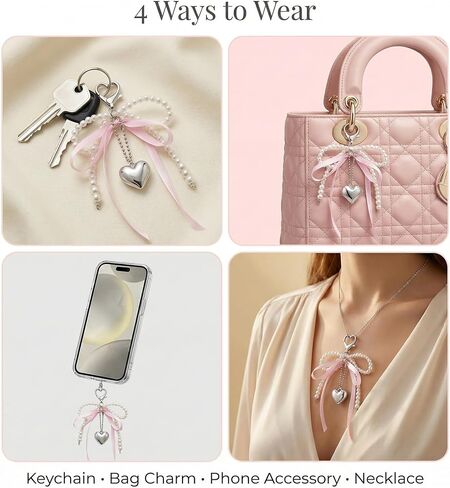 YOJO Coquette Bow Bag Charm للنساء، سلسلة مفاتيح لطيفة بشريط من اللؤلؤ والساتان Y2K، ملحق لحقيبة اليد ومفاتيح السيارة والهاتف in Kuwait