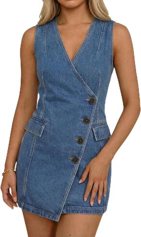 Denim Dress for Women Sleeveless V Neck A-Line Casual Summer Button Down Wrap Mini Jean Dress in Saudi Arabia